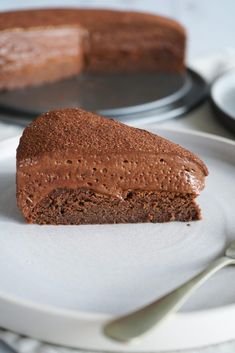 a piece of chocolate cake on a white plate