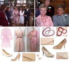 several pictures of women in pink dresses and men in grey suits, including shoes, purses, and necklaces