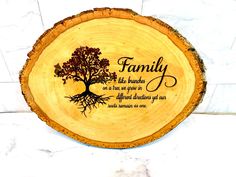 a tree slice with the words family on it