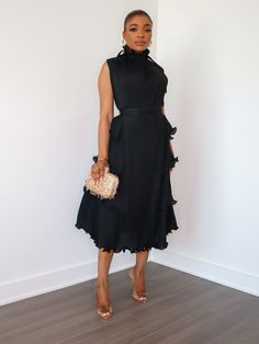 Denise Ruffle Dress (Black) Two Piece Black Tie Dress, Dressing Like A Lady Classy, Black Work Wardrobe, Black Women Europe Outfits, Double Breasted Dress Outfit, All Black Cocktail Attire, Work Fashion 2024, Spring Gala Dress, Tombstone Unveiling Outfit Ideas