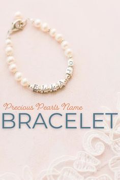 Delicate and dainty, this bracelet will make her feel like a little princess. We will personalize it with her own name in sterling silver letter-blocks. Beautiful cultured freshwater pearls mingle with shiny sterling silver daisies for a bit of sparkle. A personal and precious gift for your special little girl. Elegant Pearl Bracelet With Letter Beads, Elegant Pearl Bracelet With Letter Beads As Gift, Elegant Pearl Bracelet With Letter Beads For Gift, Classic Personalized Pearl Bracelet, Personalized Classic Pearl Bracelet, Elegant Customizable Beaded Bracelets For Personalized Gifts, Customizable Elegant Beaded Bracelets For Personalized Gifts, Classic Name Bracelets For Wedding, Elegant Silver Name Bracelet With Letter Beads