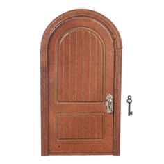 an open wooden door with a key on the front and side panels, isolated against a white background