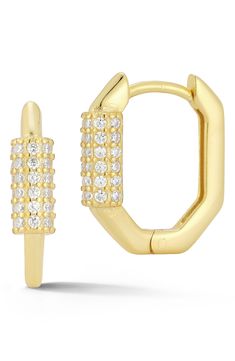 Pavé cubic zirconia bring glamorous sparkle to geometric huggie hoop earrings elegantly crafted from 14-karat gold vermeil. 1/2" hoop diameter Hinge with snap-post closure Sterling silver/14k-gold plate/cubic zirconia Imported Modern Gold Cubic Zirconia Huggie Earrings, Modern Gold Huggie Earrings With Cubic Zirconia, Modern Yellow Gold Huggie Earrings With Cubic Zirconia, Modern Yellow Gold Cubic Zirconia Huggie Earrings, Cubic Zirconia Hoop Earrings, Girls Shoes Kids, Huggie Hoop Earrings, Keep Jewelry, Womens Jewelry Rings