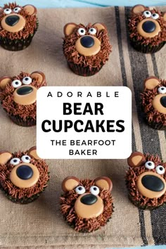 cupcakes decorated like teddy bears with googly eyes on a table cloth, ready to be eaten