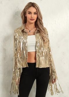 This Fringe Trim Sequin Jacket will add a touch of glamour to any outfit. With its eye-catching sequin design and trendy fringe trim, this jacket is perfect for special occasions and nights out. Made with high-quality materials for durability and comfort. Elevate your style with this must-have statement piece. Fabric: Non-Stretch Material: Polyester Fiber Fringe Jacket Outfit, Coats Y2k, Trendy Fringe, Jackets Fashion, Lapel Coat, Gothic Grunge, Sequin Design, Girls Outerwear