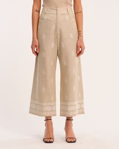 Elie Elie Tahari Women's Linen Blend Leaf Print Embroidery Pant | JANE + MERCER Pants Embroidery, Embroidery Pants, Print Embroidery, Flowy Pants, Intricate Embroidery, Elie Tahari, Knit Pants, Tall Model, Linen Women