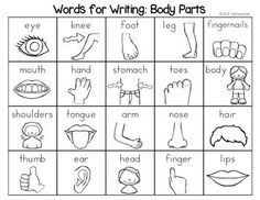 worksheet for writing body parts with pictures and words to help students learn how to write