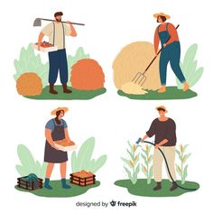 four people working in the field with farm animals and hay bales, one holding a shovel