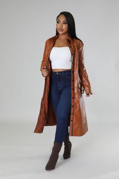 Baddest Hottie Around Coat – GitiOnline Girl Sign, Leather Collar, Leather Coat, Long A Line, Duster Coat, Brown Leather, Trench Coat, Faux Leather, Hand Wash