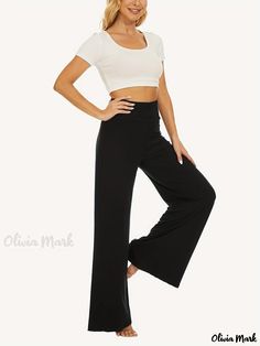 Olivia Mark - Premium Plus Size Womens Casual Pants - Solid High Rise Medium Stretch Wide Leg Trousers Versatile High Waist Solid Color Sweatpants, Versatile High Waist Sweatpants, Casual High-waisted Yoga Pants With Wide Waistband, Casual Wide Leg Bottoms With Wide Waistband, Casual High Waist Yoga Pants With Wide Waistband, Casual High-waist Yoga Pants With Wide Waistband, Casual Solid Wide Leg Pants With Wide Waistband, Solid Wide Leg Bottoms With Wide Waistband, Casual Solid Color Yoga Bottoms