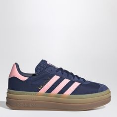 Blue leather sneaker from adidas Originals featuring a rounded toe, suede detailing, contrasting leather side stripes, lace-up fastening, logoed tongue and a three-tiered semi-transparent platform rubber sole with embossed logo. Gazelle Bold, Beige Sneakers, Ugg Classic Ultra Mini, Preppy Shoes, Ugg Classic, Black Leather Shoes, Black Leather Bags, Blue Sneakers, Boot Accessories