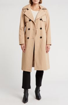 Shield yourself from the elements with the protection of a chic double-breasted trench coat. It features a belted waist for a flattering silhouette, double-breasted button front closure, and handy pockets. 42" length (size Small) Peak lapels Double-breasted button front closure Removable waist belt Lined 57% cotton, 43% polyester Dry clean Imported Fall Cotton Raincoat For Workwear, Cotton Raincoat For Workwear In Fall, Fall Cotton Raincoat For Work, Cotton Raincoat For Fall, Double Breasted Trench Coat, Belted Trench Coat, Waist Belt, Sam Edelman, Double Breasted