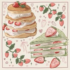 two stacks of pancakes with strawberries on top and one stack of strawberry shortcakes