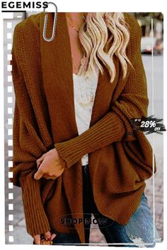 Fashion Bat Sleeve Knitted Cardigan Trendy One Size Knit Cardigan, Fall V-neck Solid Color Sweater Coat, Brown V-neck Sweater Coat For Spring, Chic Brown Cardigan For Winter, Chic Brown Winter Cardigan, Trendy Knit Cardigan, Trendy Brown V-neck Outerwear, Chic Solid Color Winter Cardigan, Spring Brown Cardigan For Layering