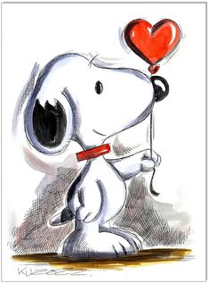 a drawing of a cartoon dog holding a heart shaped balloon