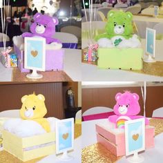 there are stuffed bears in boxes on the table