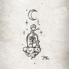 a drawing of a person sitting on top of a rock with a moon above them