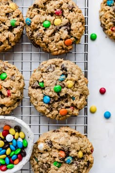 monster cookies with m & m's on top and the title overlay reads, the best monster cookies