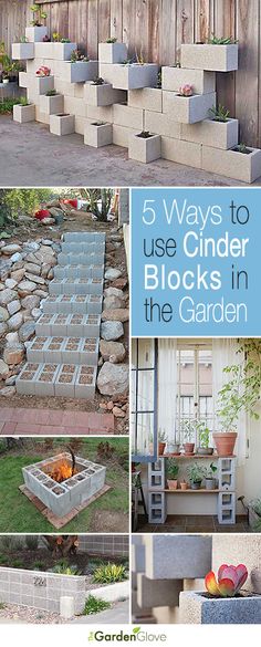 there are several steps made out of cinder blocks and plants in the back yard with text overlay that reads, 5 ways to use cinder blocks in the garden