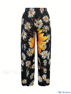 Orcajump - Plus Size Casual Pants, Women's Plus Sunflower Print High Rise Wide Leg Pants With Pockets Casual Full-length Bottoms With Floral Print, Casual Full Length Bottoms With Floral Print, Casual Floral Print Full-length Bottoms, Casual Full-length Printed Pants, Casual Full Length Printed Pants, Floral Print Full Length Loungewear Bottoms, Stretch Floral Print Loungewear Pants, Stretch Floral Print Pants For Loungewear, Non-stretch Floral Print Bottoms For Loungewear