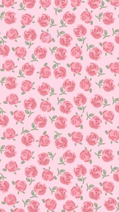 a pink rose pattern with green leaves and stems on a light pink background for wallpaper