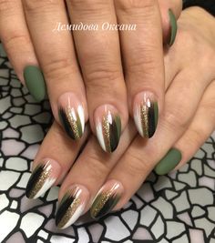 Wedding Nails Green And Gold, Olive And Gold Nails, Tan And Green Nails, Green And Copper Nails, Khaki Nail Designs, Green And Brown Nails, Gray Fall Nails, Dnd Gel Nails, Trendy Nude Nails