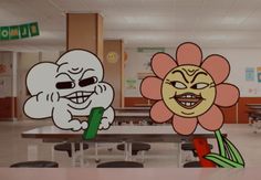 two cartoon characters sitting at tables in a room with desks and chairs, one has a flower on it