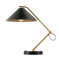 a black and gold desk lamp on a white background with the light turned off to show its dimmerance