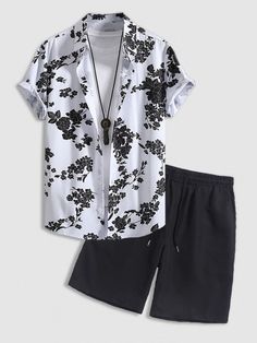 Floral Button Up Shirt With Casual Shorts Set - Grafton Collection Summer Sets With Relaxed Fit And Short Shape, Summer Sets With Relaxed Fit And Shorts, Cotton Short Sleeve Short Set For Day Out, Casual Short Set With Relaxed Fit, Casual Beach Sets Short Length, Casual Black Short Set For Summer, Casual Relaxed Fit Short Set, Casual Collared Beach Sets, Casual Summer Short Set With Collared Shape