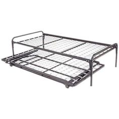 a metal bed frame with no mattresses on the bottom and two rails attached to it