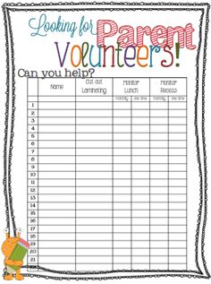 a printable volunteer sign up sheet with the words seeking for parent volunteers on it