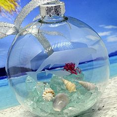 a glass ornament filled with sand and sea shells on a sandy beach next to the ocean