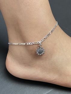 "Sterling Silver Sunflower Anklet OR Bracelet Metal: All Components Are Made From Solid .925 Sterling Silver Measurement: Choose desired length at checkout. Bracelet Or Anklet comes with 1 inch of extension chain to make it adjustable. 6\"+1\" Ext chain ~XSmall Bracelet 6.5+1\"Ext chain~Small to Average Bracelet size 7\" +1\" Ext chain ~ Medium/Average Bracelet size 7.5 + 1\" Ext chain ~Large Bracelet size 8\" + 1\" Ext chain~ XLarge Bracelet or Small Anklet 8.5 + 1\" Ext chain ~Small Anklet 9\" Silver Jewelry With Sunflower Design, Sunflower Anklet, Figaro Bracelet, Sunflower Charm, Charm Anklet, Large Bracelet, Bracelet Metal, Figaro Chains, Anklet Bracelet