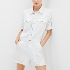 American Eagle Outfitters Women's White Xl Short White Denim Romper, Has Raw Bottom Legs,4 Front Pockets 2 At The Top 2 Bottom Front, 2 Back Pockets, New With Tags Never Worn, Measures Pit To Pit 46", Waistline 40", Shoulder To Hem 33",Hips 47". Bin#107 Spring Workwear Shortalls With Relaxed Fit, Fitted Jumpsuits And Rompers With Pockets, Fitted Short-length Jumpsuits And Rompers With Pockets, Fitted Shortalls For Spring Workwear, White Cotton Denim Jumpsuit For Summer, Cotton Short Length Jumpsuits And Rompers For Spring, Summer White Cotton Denim Jumpsuit, Fitted Cotton Denim Jumpsuit, Spring Jumpsuits And Rompers With Pockets And Short Length