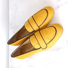 Brand New, Never Used. Yellow Wool Contrast Trim Preppy Classic Femine. Round Toe. Slip On Style. Preppy Academia Feminine Gamine Classic Minimal Modern Chic, Dress Office Shoe Yellow Slip-on Loafers For Fall, Yellow Flat Heel Loafers For Fall, Fall Yellow Loafers With Flat Heel, Yellow Loafers For Fall, Fall Yellow Loafers, Yellow Flats For Fall, Yellow Formal Loafers For Spring, Formal Yellow Loafers For Spring, Casual Yellow Loafers For Work