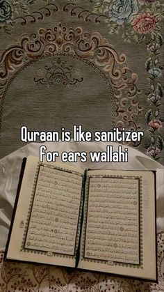 an open book with the words quran is like sanitizer for ears wallahi