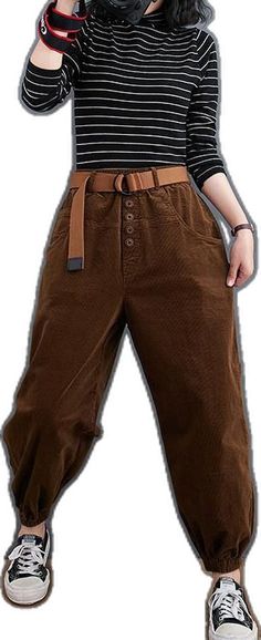 Beautiful casual pants unique chocolate Sewing pockets thick pants - SooLinen Baggy Brown Pants For Fall, Baggy Brown Pants For Winter, Brown Baggy High Waist Cargo Pants, Brown Baggy Pants For Winter, Baggy Brown Ankle Pants, Winter Brown Bottoms With Pockets, Brown Winter Bottoms With Pockets, Baggy Brown Straight Leg Pants, Brown Baggy Cargo Pants For Fall