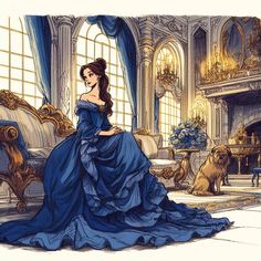 a drawing of a woman in a blue dress sitting on a couch with a dog