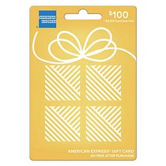 an american express gift card with a white bow on the front and yellow packaging behind it