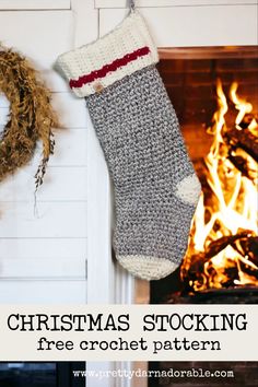 a stocking hanging from the fireplace with text overlay that reads christmas stockings free crochet pattern