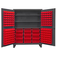 the storage cabinet with red bins is open and has several shelves on each side