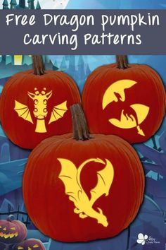 three pumpkins with the words free dragon pumpkin carving patterns