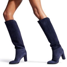 Fall Boots Tall, Navy Blue Boots, Over The Knee Boot Outfit, Navy Boots, High Boots Outfit, Blue Boots, Chunky Heels Boots, Suede Boots Knee High, Footwear Design Women