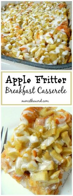 an apple crumbler breakfast casserole is shown with the title above it