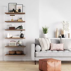 a living room filled with furniture and lots of shelves