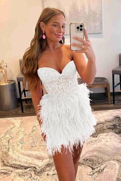 Amina Short Sheath Sweetheart Lace Feather Skirt Homecoming Dress | KissProm Short White Cocktail Dress Brides, Homecoming Dresses Bodycon, Hoco Ideas, Feather Skirt, Pink Homecoming Dress, Lace Prom Dress, Wedding Fun, Pink Lilac, Short Homecoming Dress