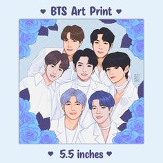 bts art print featuring five men in white shirts and blue roses on the background