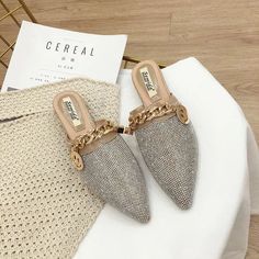 LBSFY - Pointed Toe Half Slippers Female Summer Wear 2024 New Fashion Rhinestone Lazy Flats Sandals Casual Slippers Metal Chain Slides Size 5.5=22.5cmSize 6=23cmSize 6.5=23.5cmSize 7=24cmSize 7.5=24.5cmSize 8=25cmSize 8.5=25.5cmSize 9=26cmSize 9.5=26.5cm Mules Shoes Flat, Wedding Casual, Fashion Slides, Luxury Flats, Ladies Sandals, Heeled Mules Sandals, Rhinestone Flats, Silver Pumps, Summer Slippers