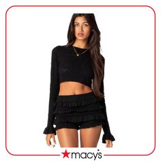 in stock Ruffled Shorts, Knitted Shorts, Fabric Matching, Knitted Crop Top, Crop Pullover, Flare Long Sleeve, Shorts Outfits, Long Sleeve And Shorts, Ruffle Shorts