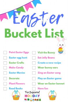 an easter bucket list with bunnies, eggs and bunnies on the top of it